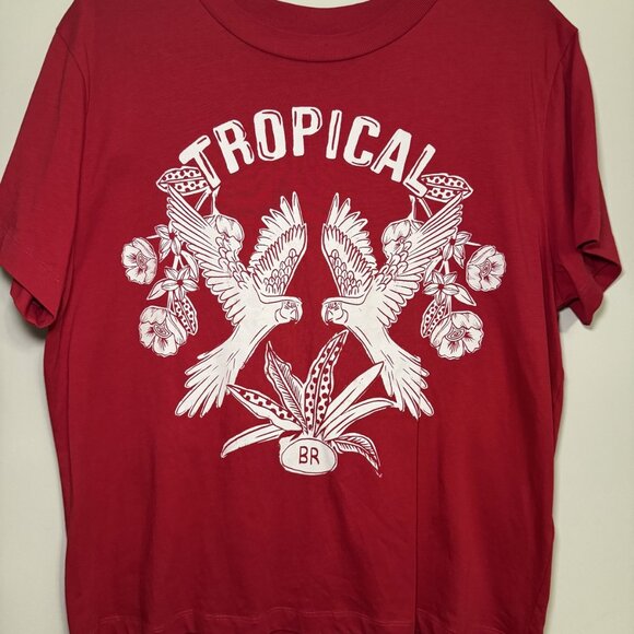 Farm Rio Size Large (L) Tropical Birds Red T-Shirt with White Floral Design - Picture 1 of 4
